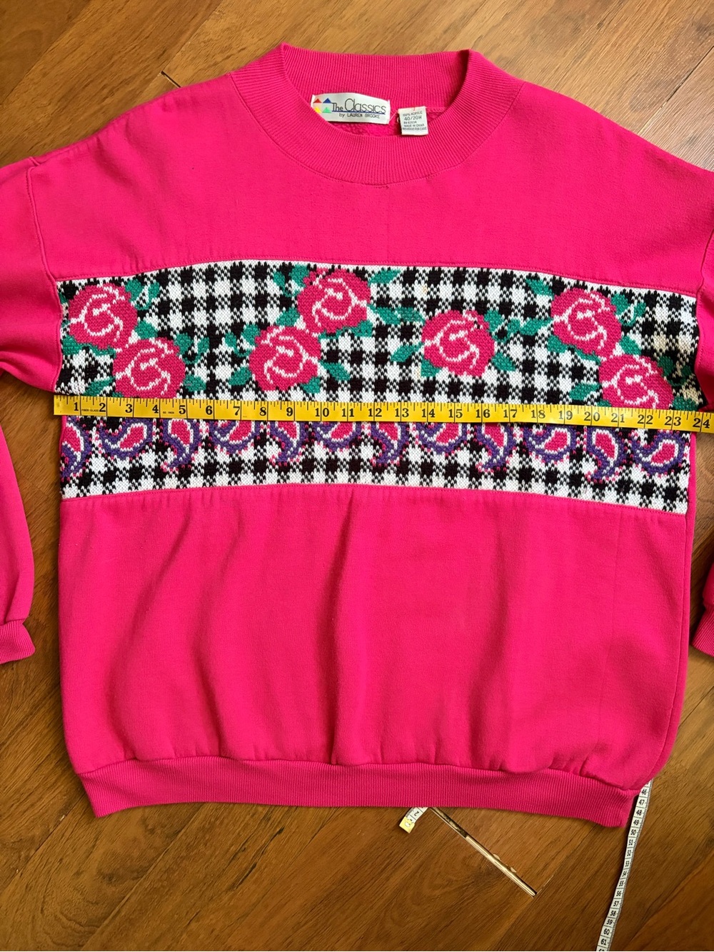 Vintage 90s Lauren Brooke houndstooth rose knit panel pink sweatshirt - Picture 6 of 10